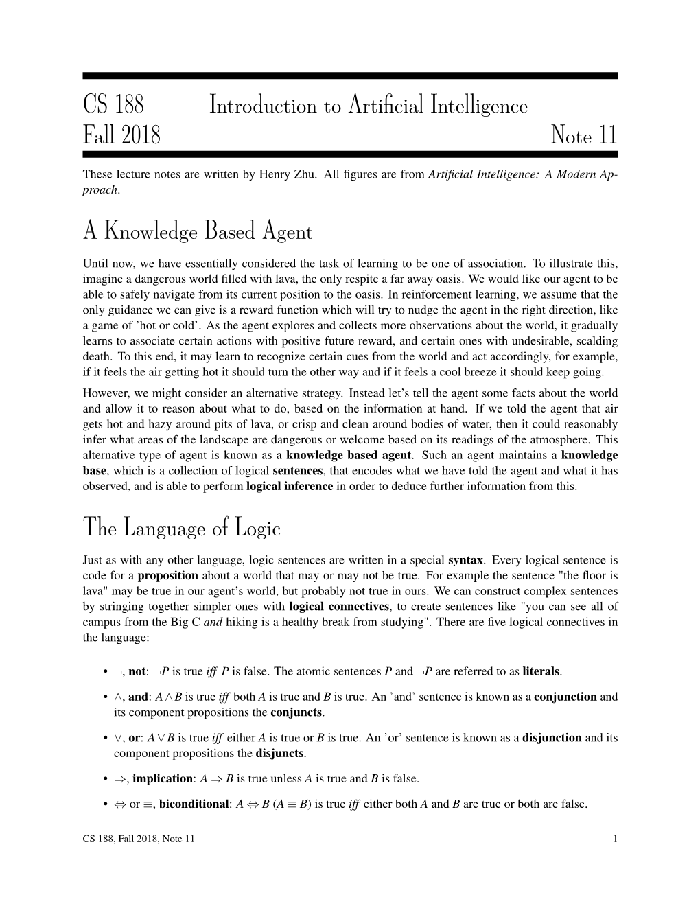 CS 188 Introduction to Artificial Intelligence Fall 2018 Note 11 a Knowledge Based Agent the Language of Logic
