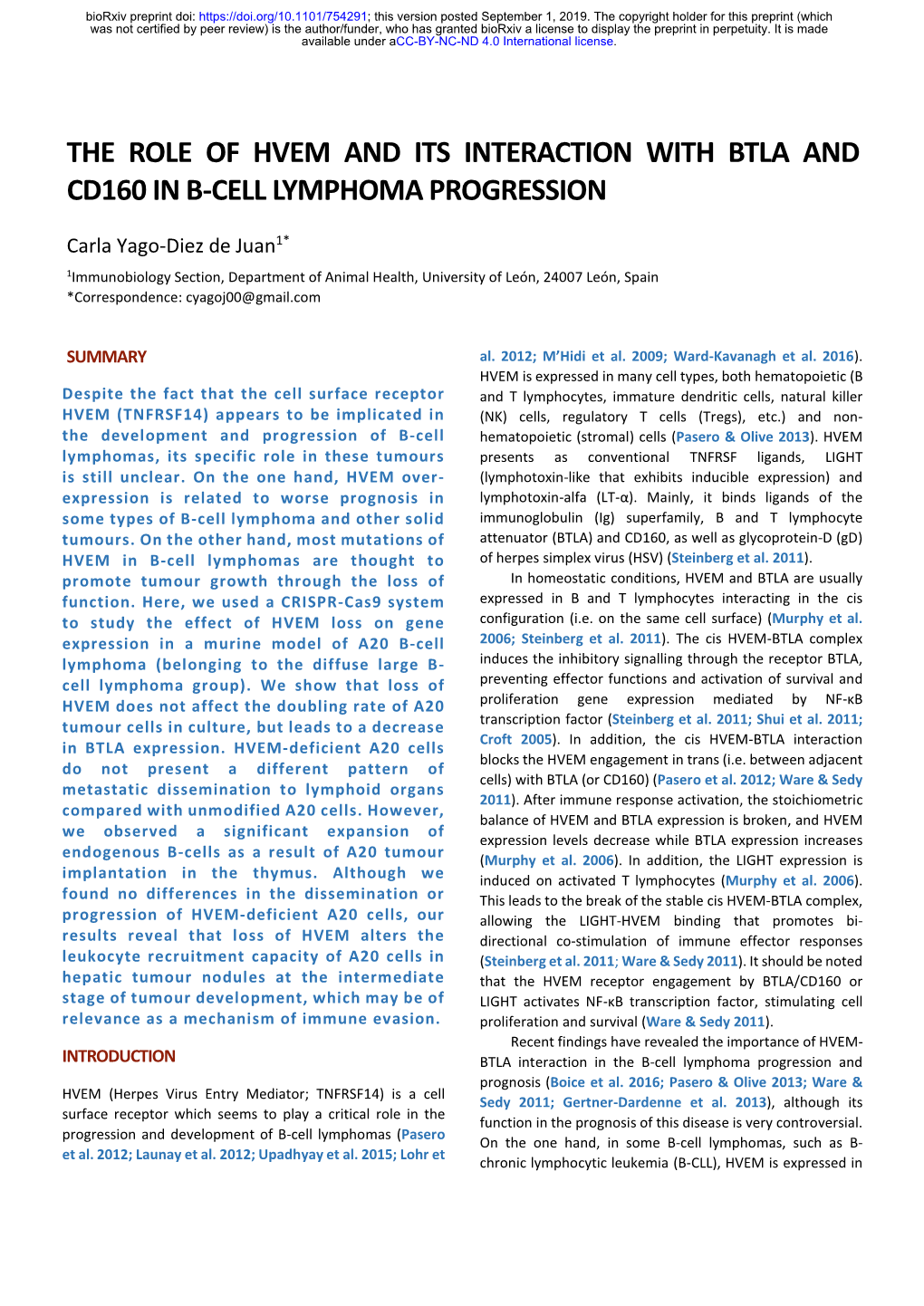 The Role of Hvem and Its Interaction with Btla and Cd160 in B-Cell Lymphoma Progression