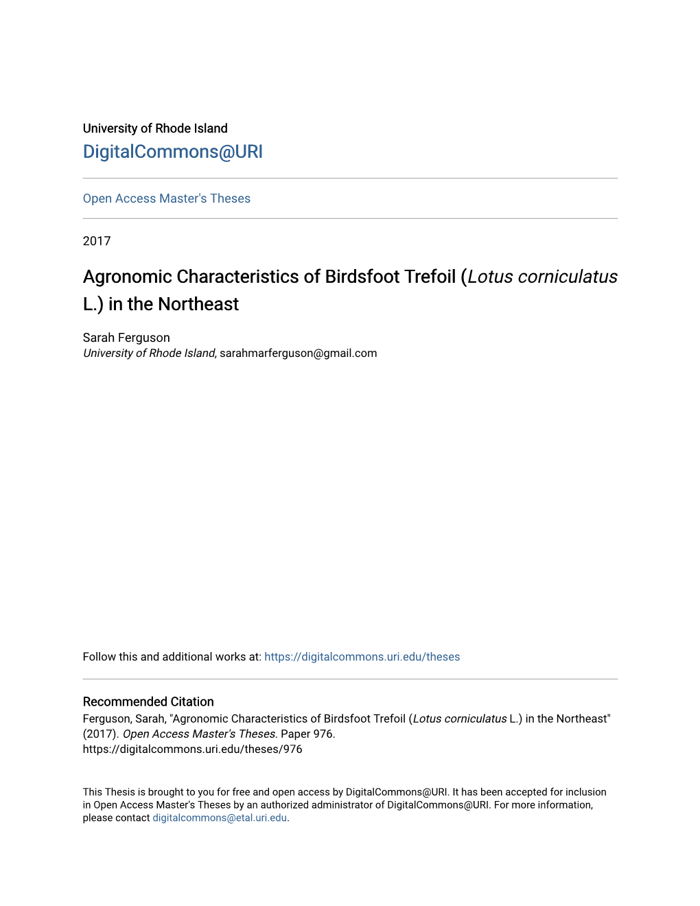 Agronomic Characteristics of Birdsfoot Trefoil (Lotus Corniculatus L.) in the Northeast