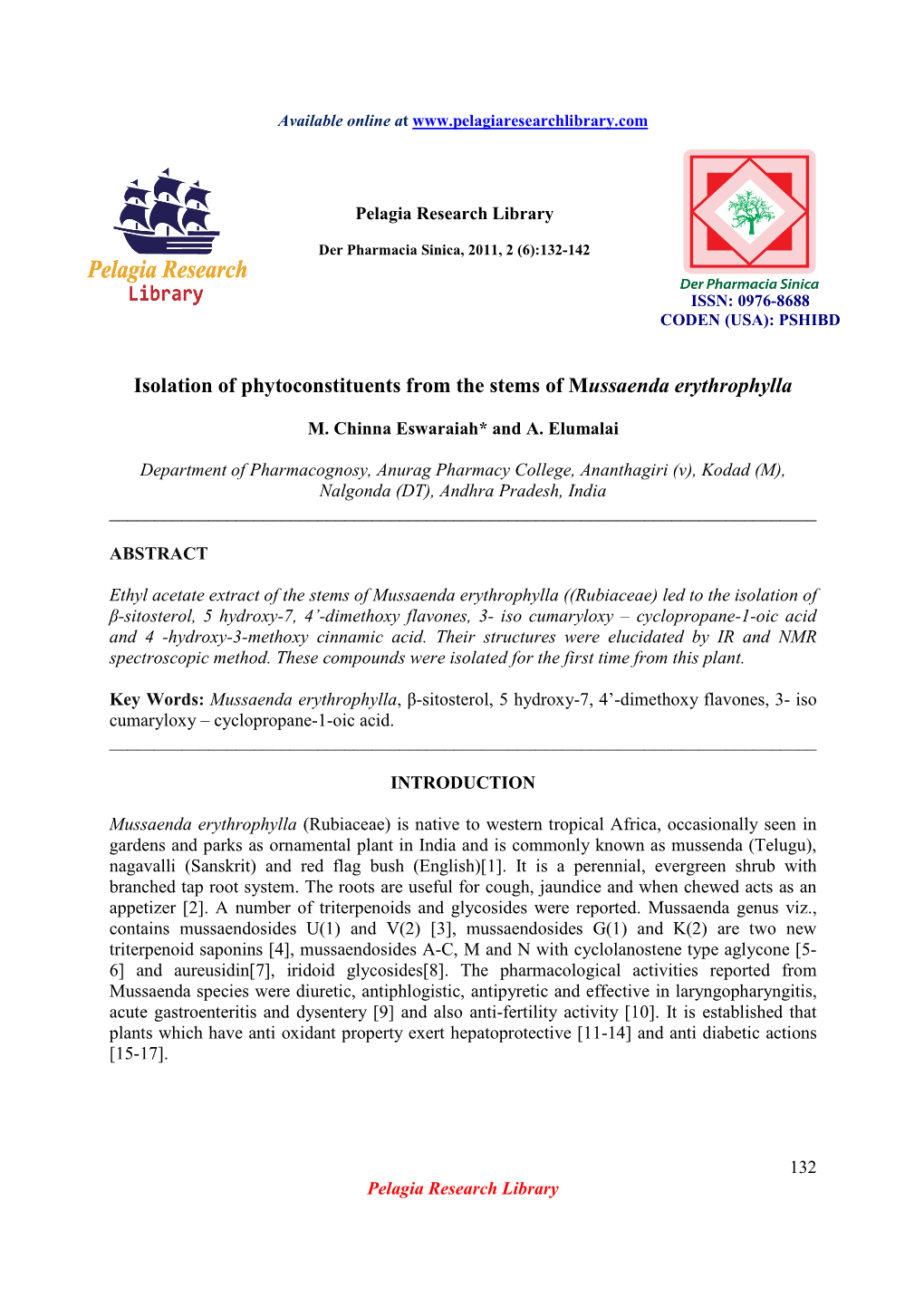 Isolation of Phytoconstituents from the Stems of Mussaenda Erythrophylla