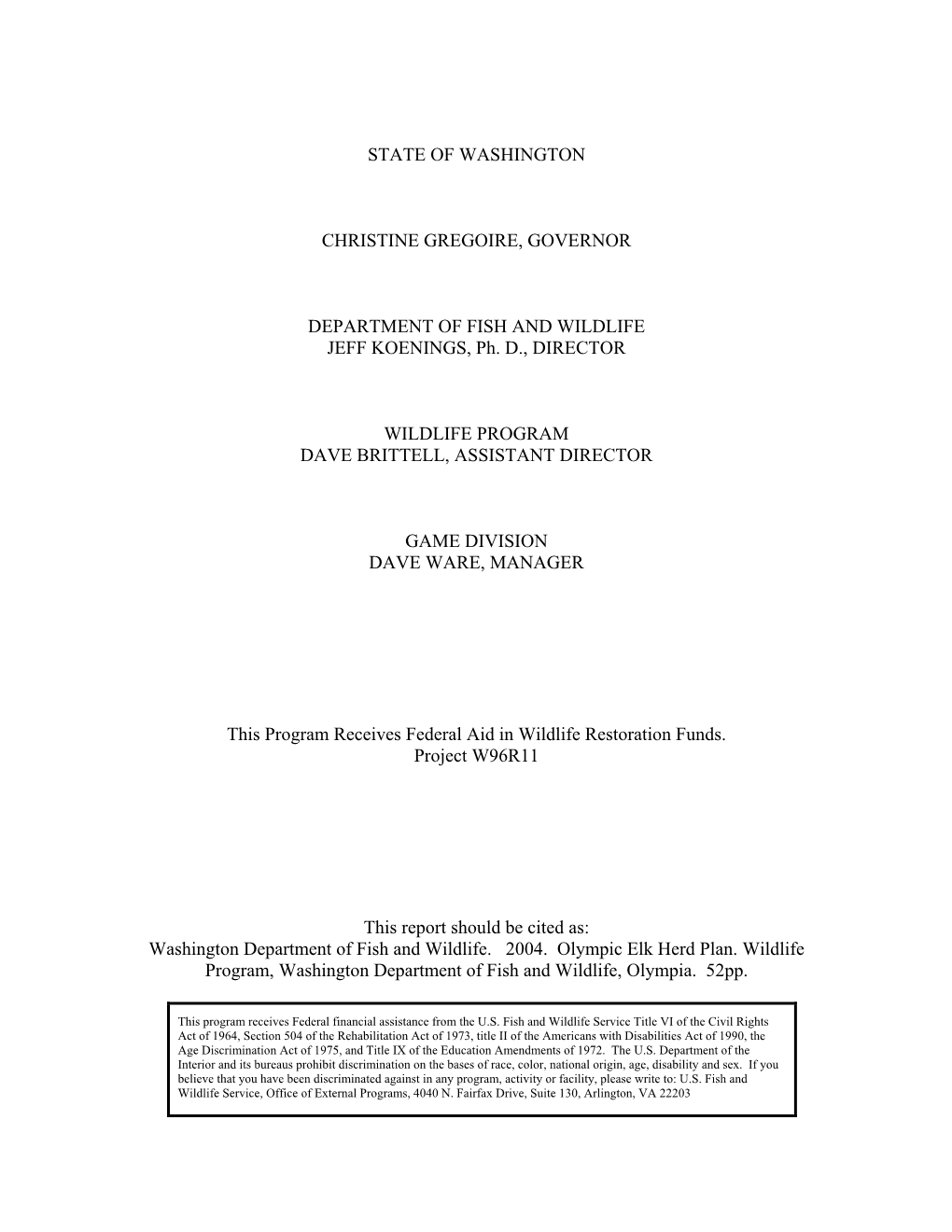 Washington State Olympic Elk Herd Management Plan