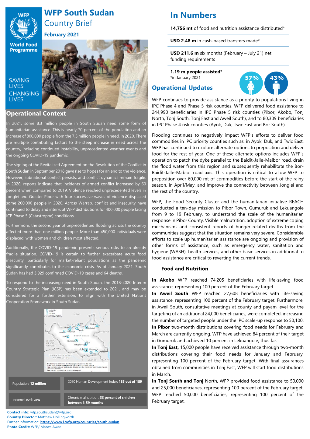 WFP South Sudan in Numbers Country Brief 14,756 Mt of Food and Nutrition Assistance Distributed*