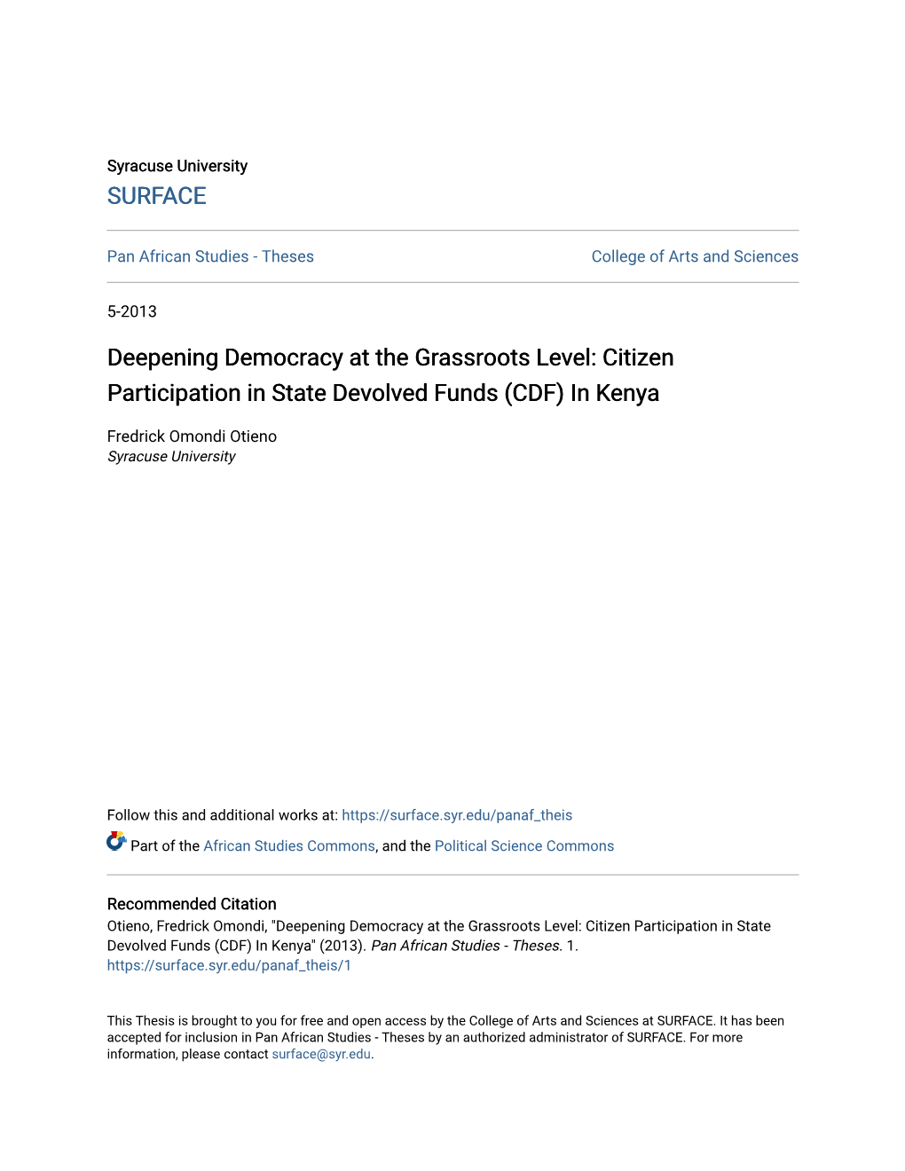 Deepening Democracy at the Grassroots Level: Citizen Participation in State Devolved Funds (CDF) in Kenya