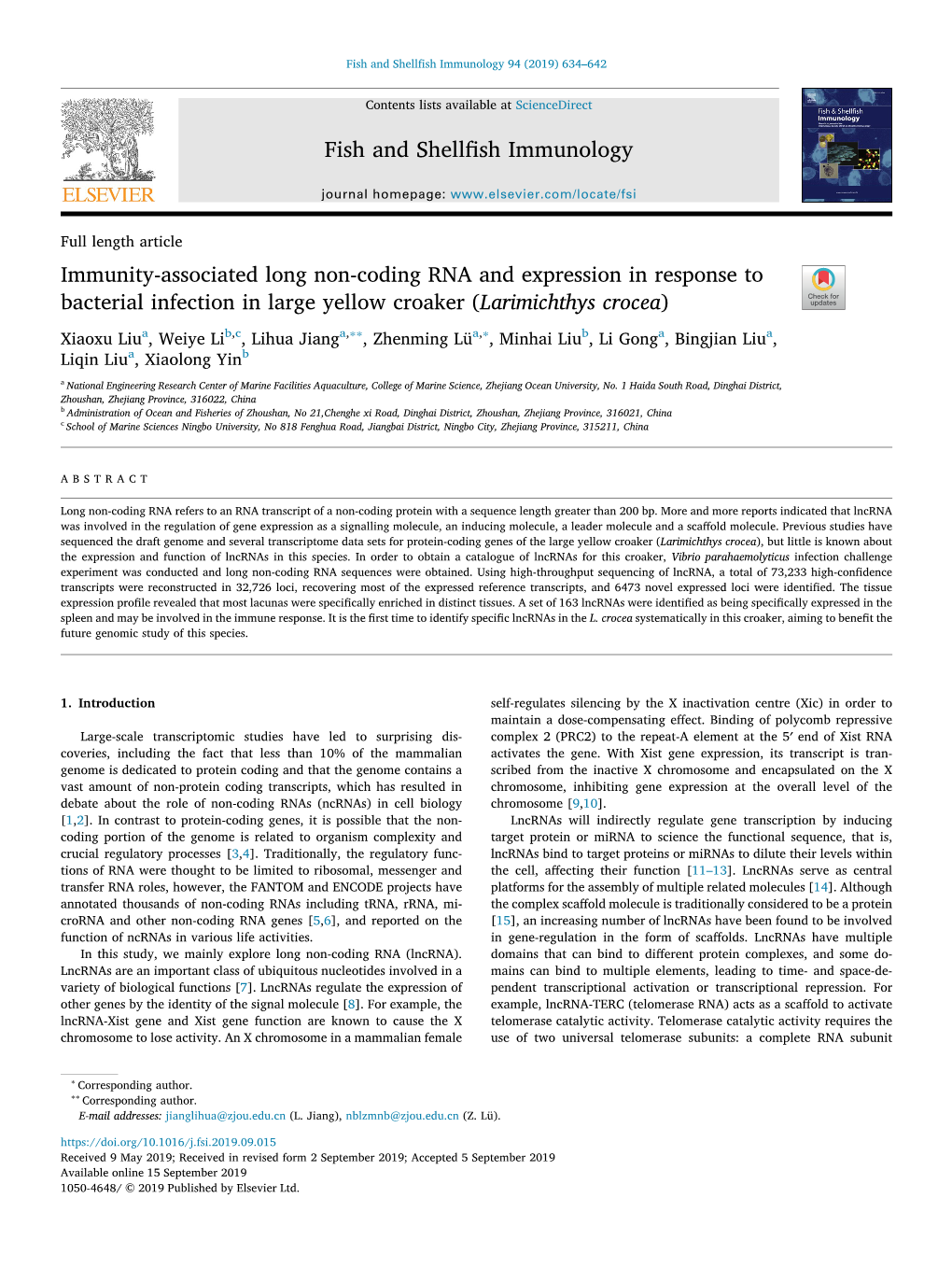 Immunity-Associated Long Non-Coding RNA and Expression in Response to Bacterial Infection in Large Yellow Croaker (Larimichthys