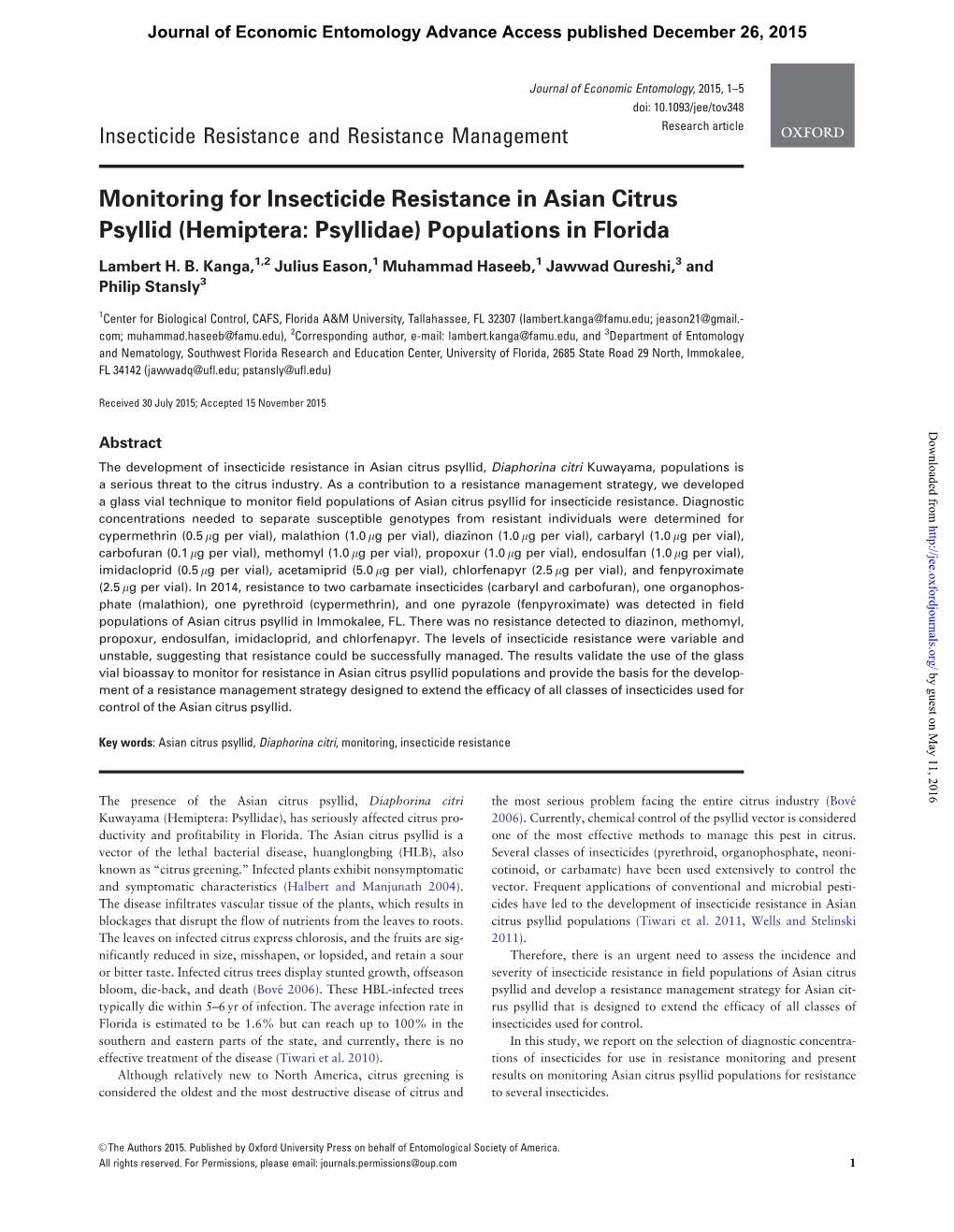 Monitoring for Insecticide Resistance in Asian Citrus Psyllid (Hemiptera: Psyllidae) Populations in Florida