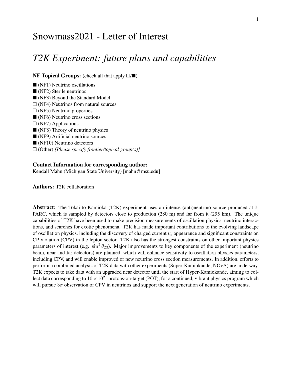 Letter of Interest T2K Experiment