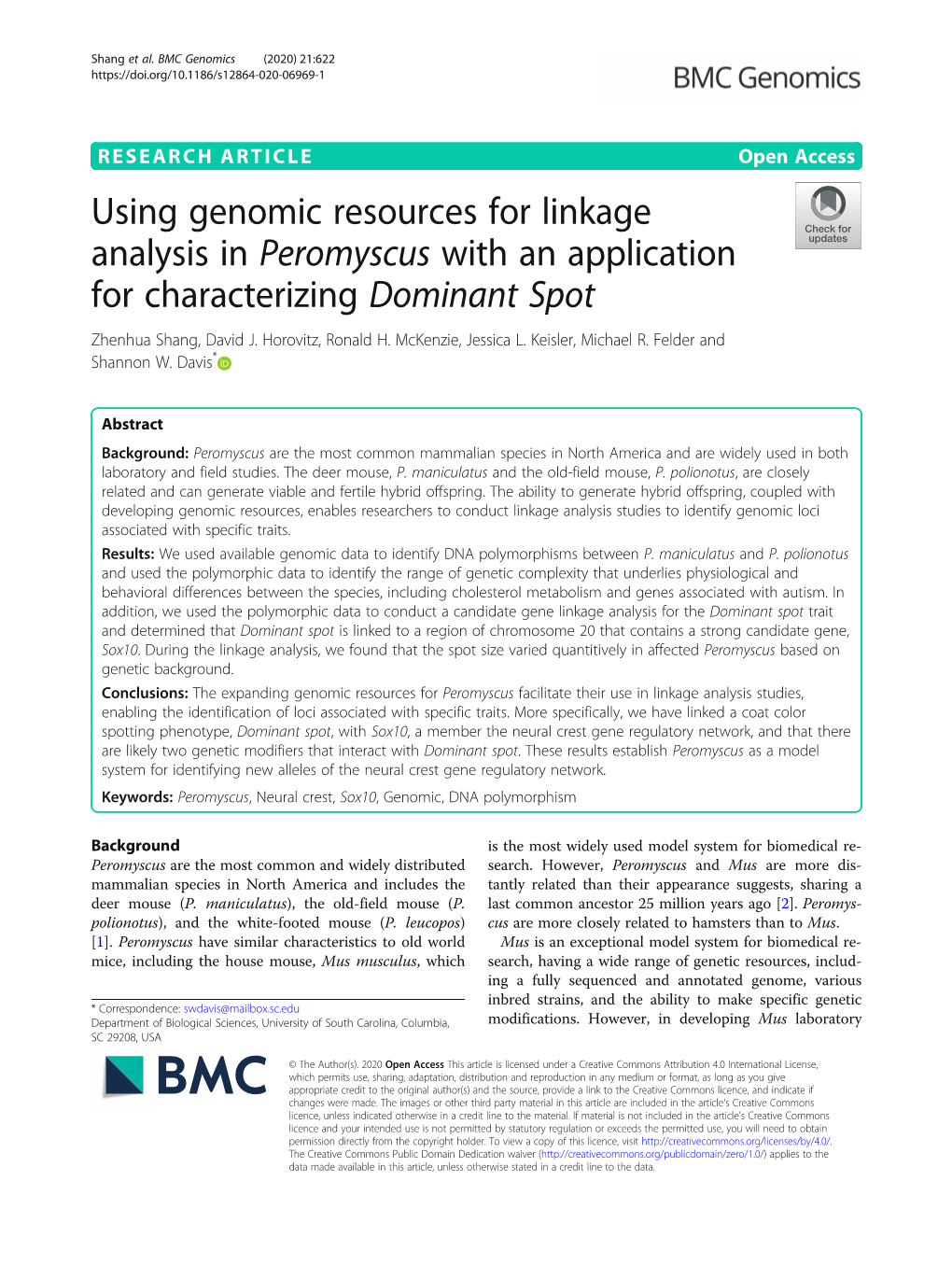 Using Genomic Resources for Linkage Analysis in Peromyscus with an Application for Characterizing Dominant Spot Zhenhua Shang, David J