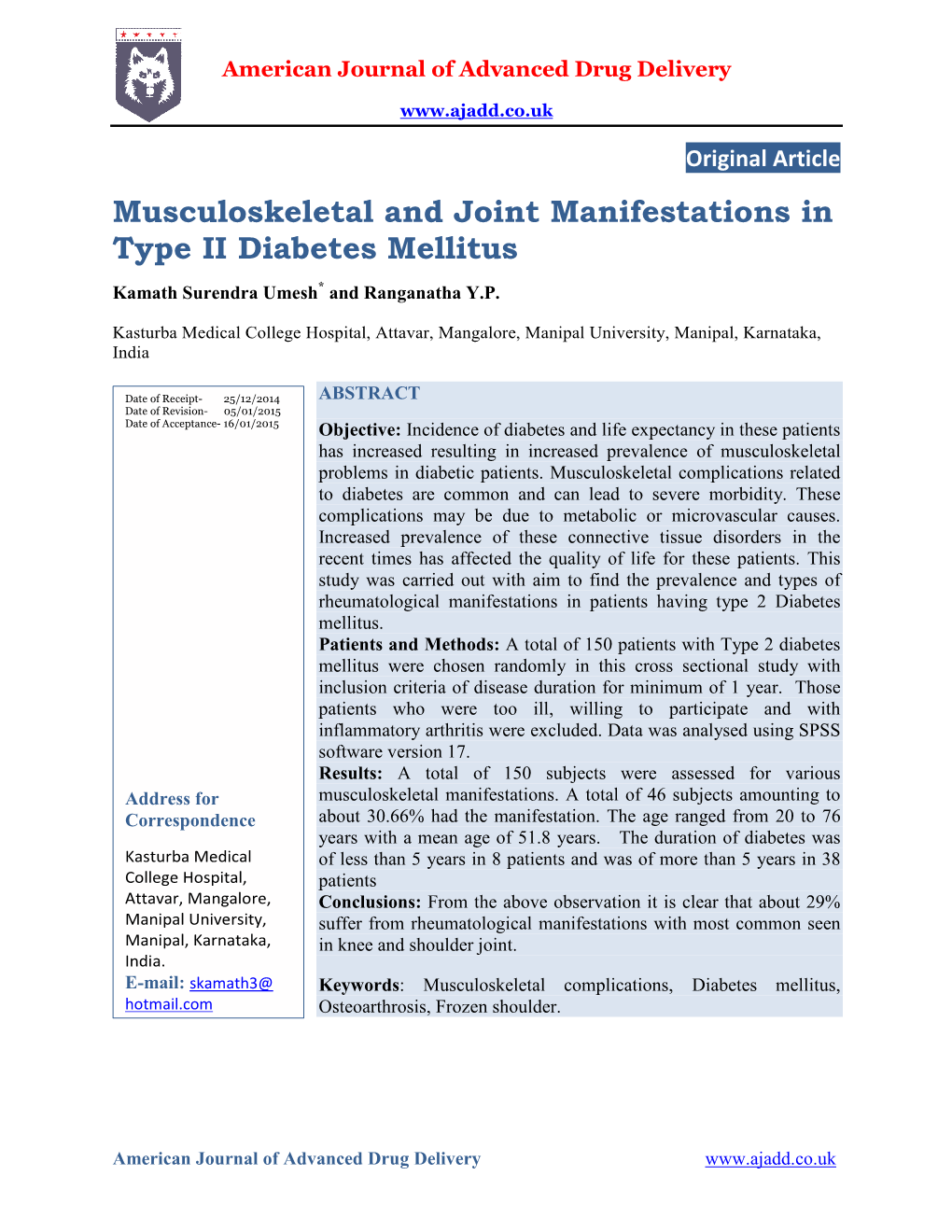 Musculoskeletal and Joint Manifestations in Type II Diabetes Mellitus Kamath Surendra Umesh* and Ranganatha Y.P