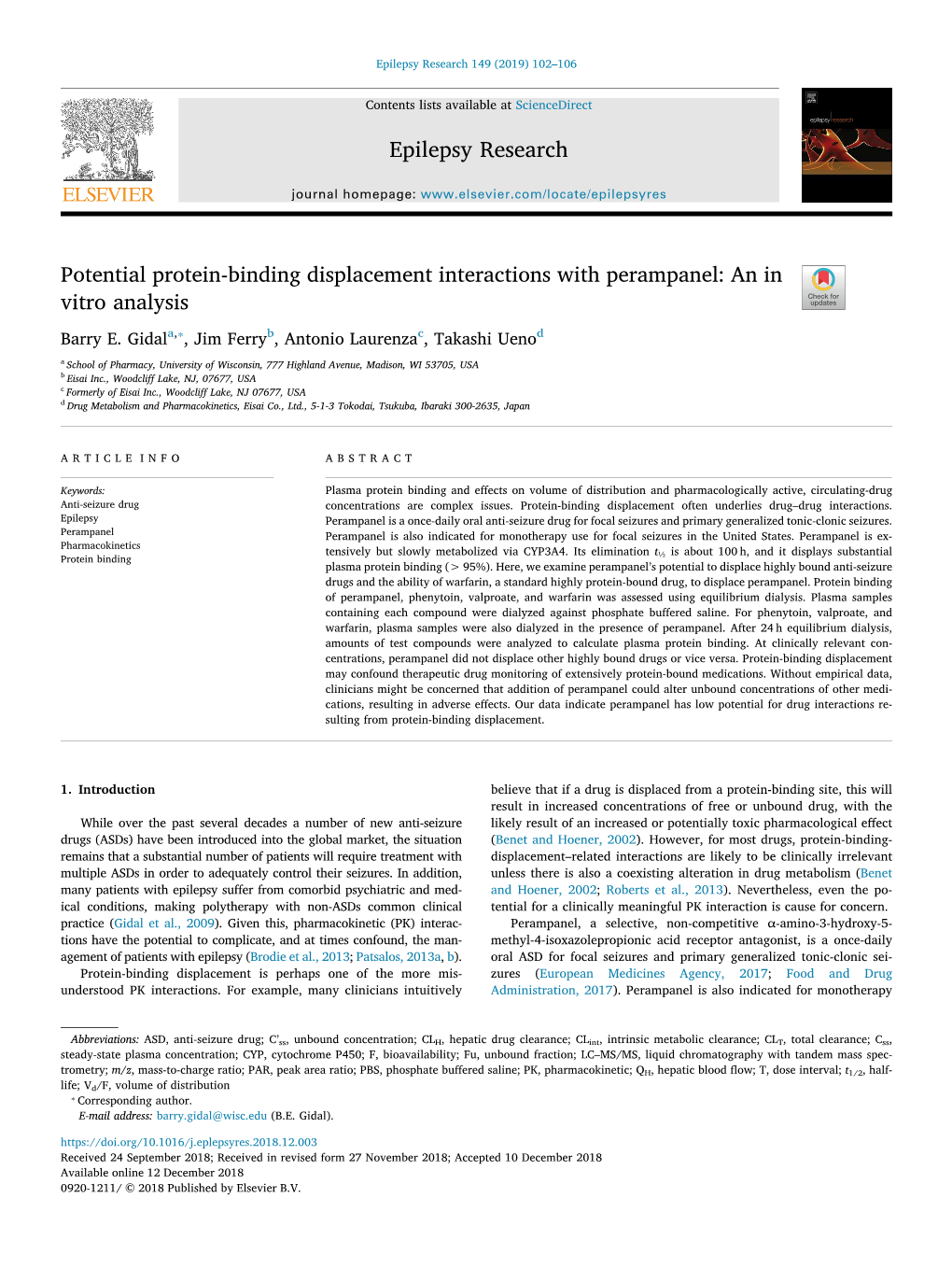 Potential Protein-Binding Displacement Interactions with Perampanel an in Vitro Analysis