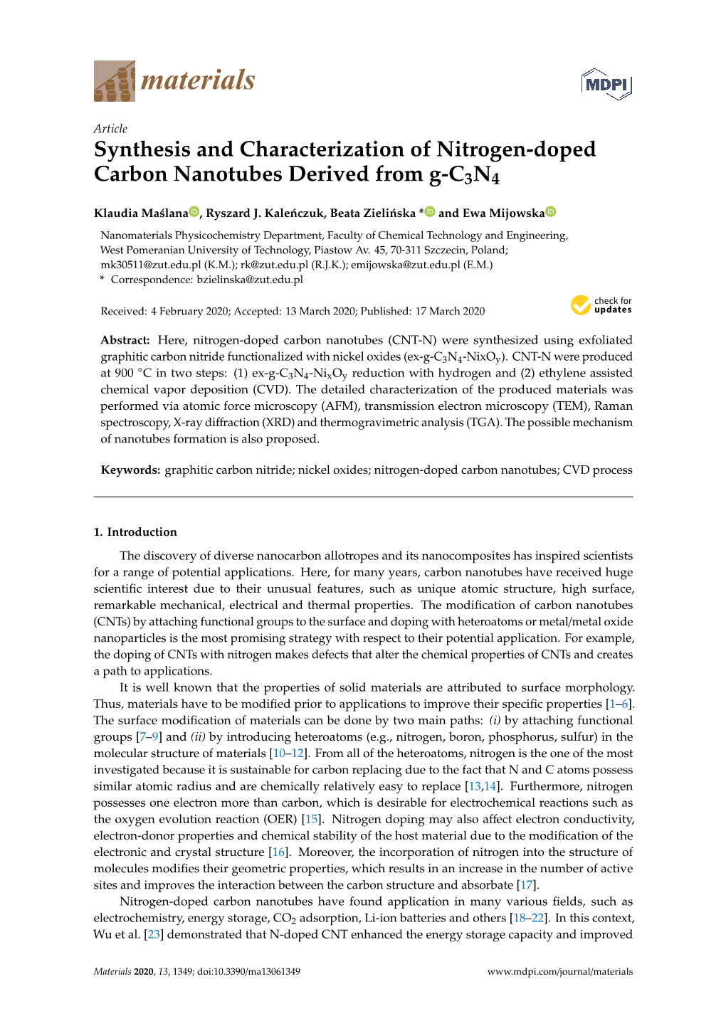 Synthesis and Characterization of Nitrogen-Doped Carbon Nanotubes Derived from G-C3N4