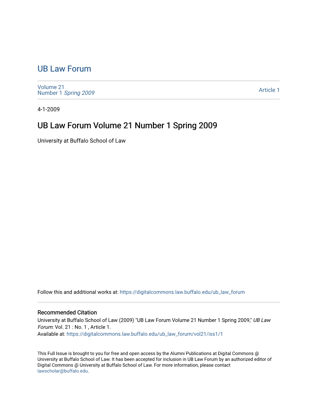 UB Law Forum Volume 21 Number 1 Spring 2009