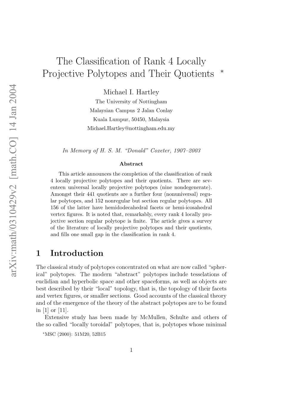 The Classification of Rank 4 Locally Projective Polytopes and Their