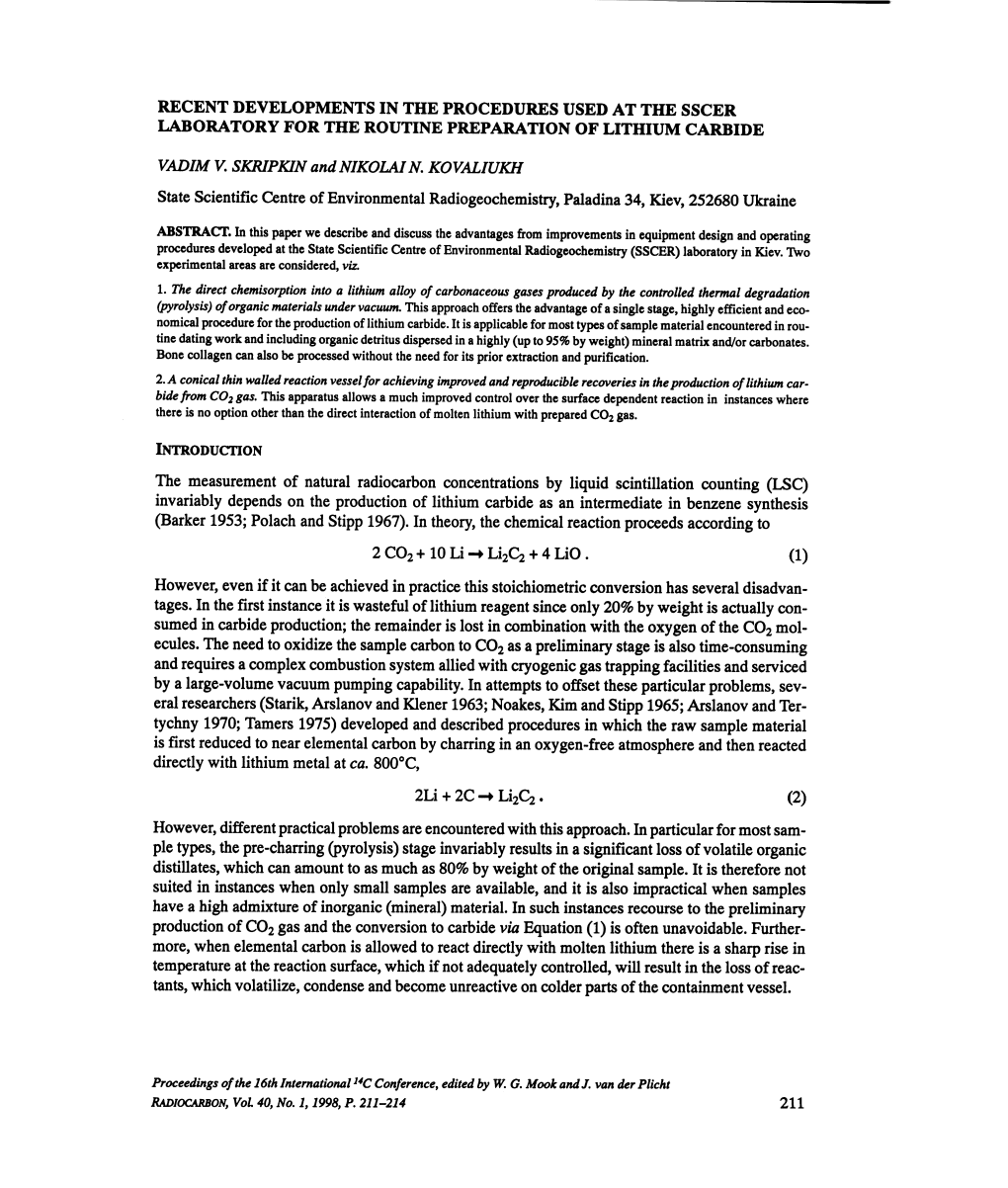 Recent Developments in the Procedures Used at the Sscer Laboratory for the Routine Preparation of Lithium Carbide