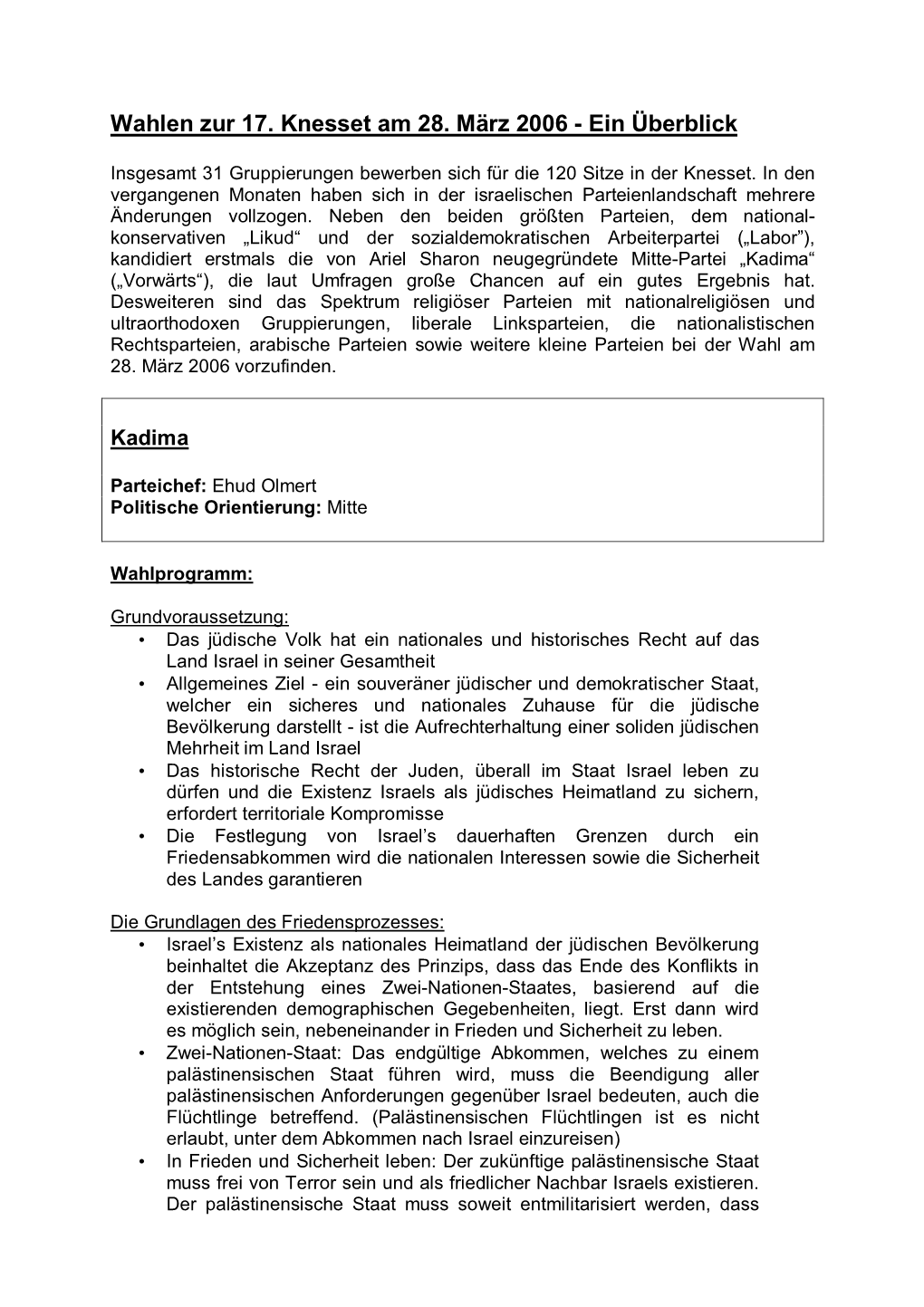 Wahlen Zur 17. Knesset Am 28. März 2006 - Ein Überblick