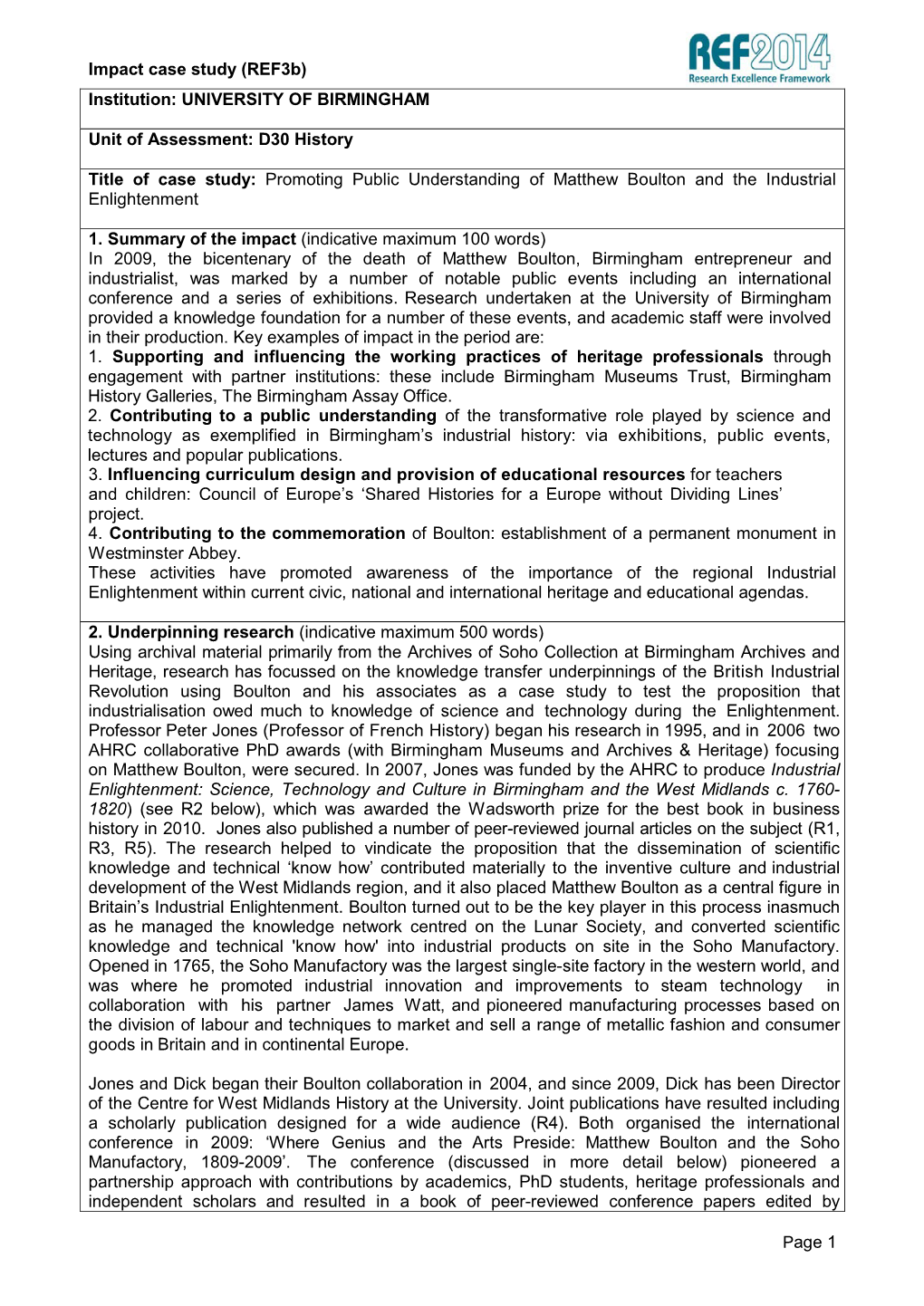 Impact Case Study (Ref3b) Page 1 Institution