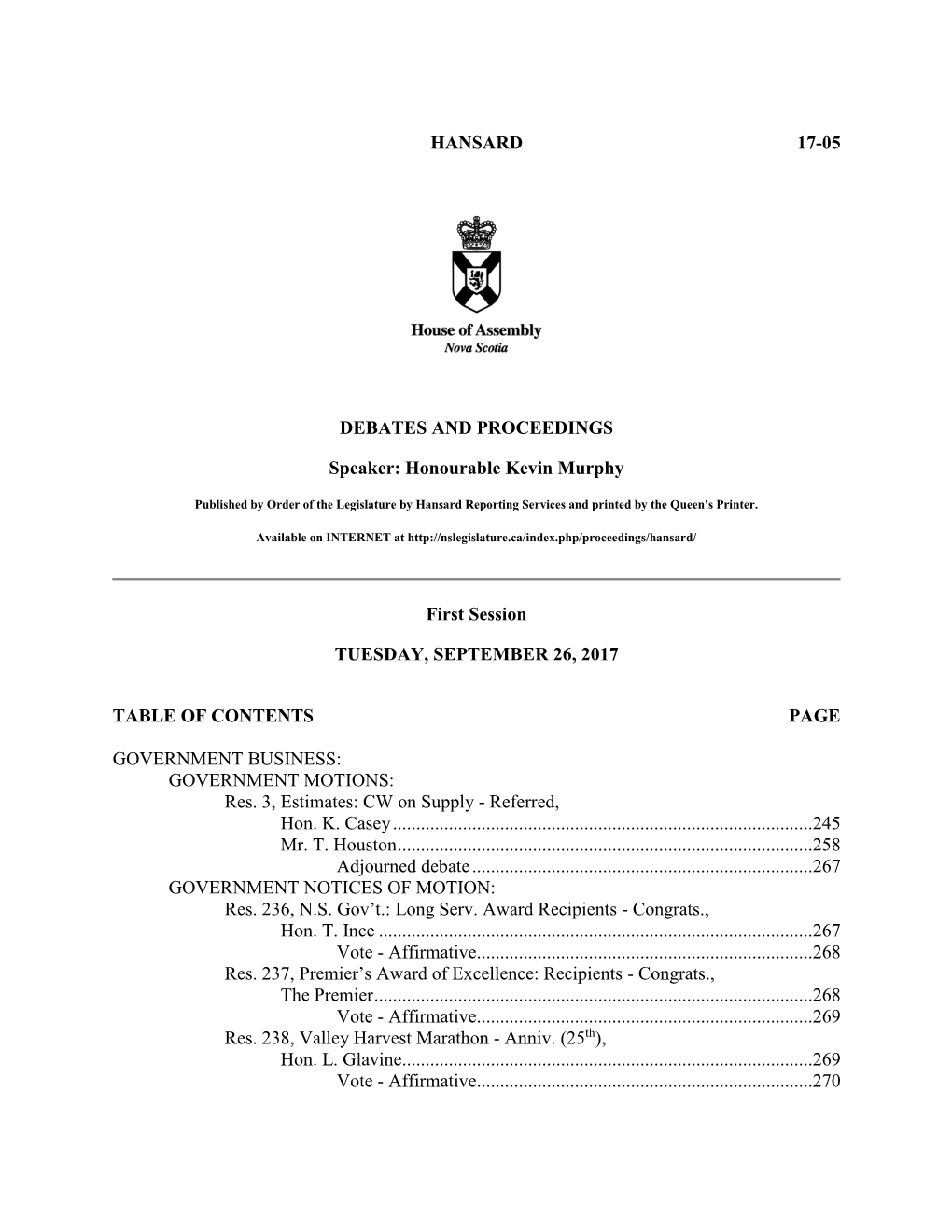 HANSARD 17-05 DEBATES and PROCEEDINGS Speaker