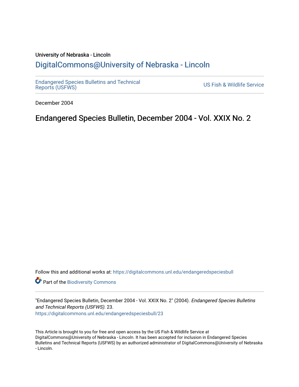 Endangered Species Bulletin, December 2004 - Vol