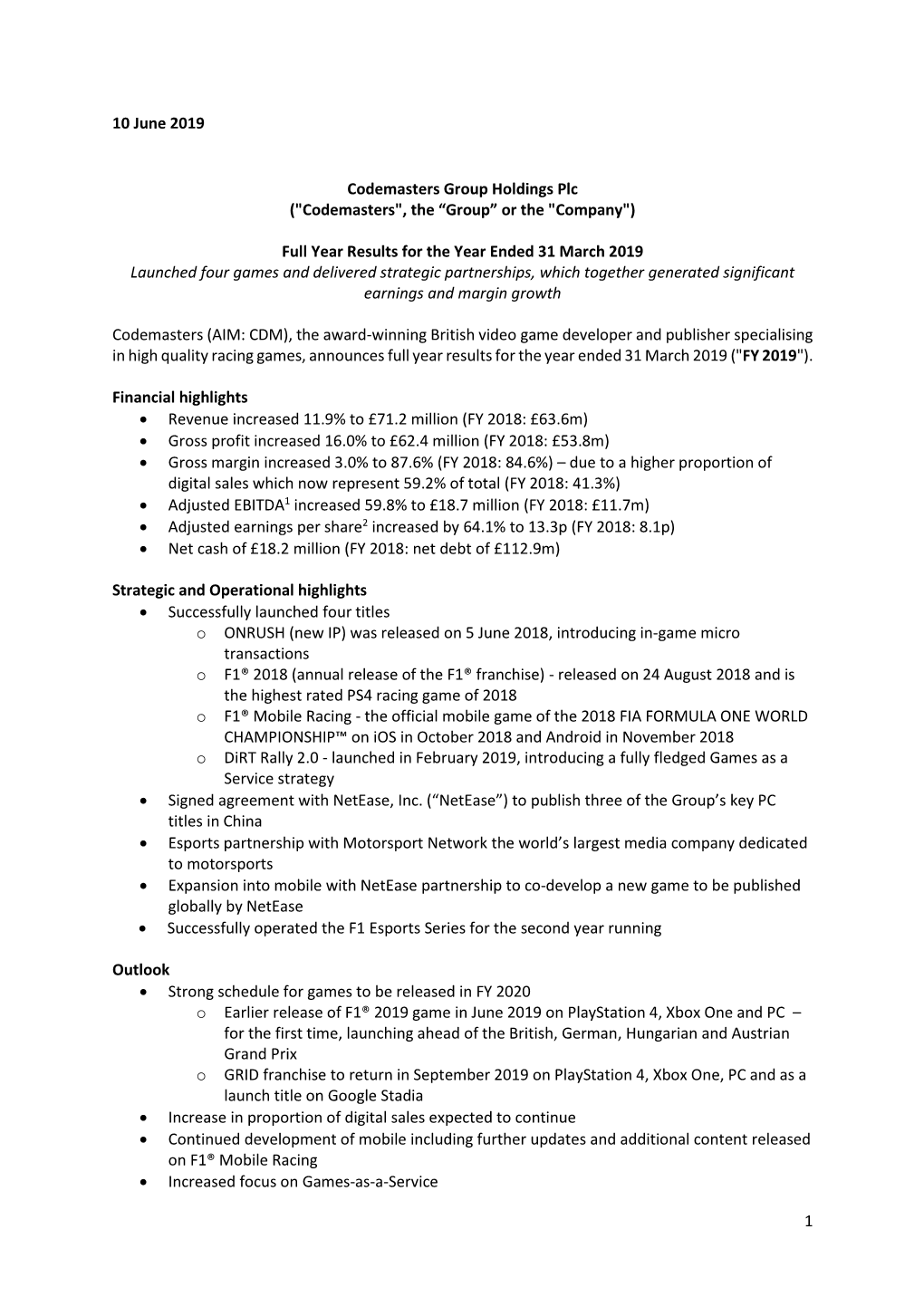 1 10 June 2019 Codemasters Group Holdings