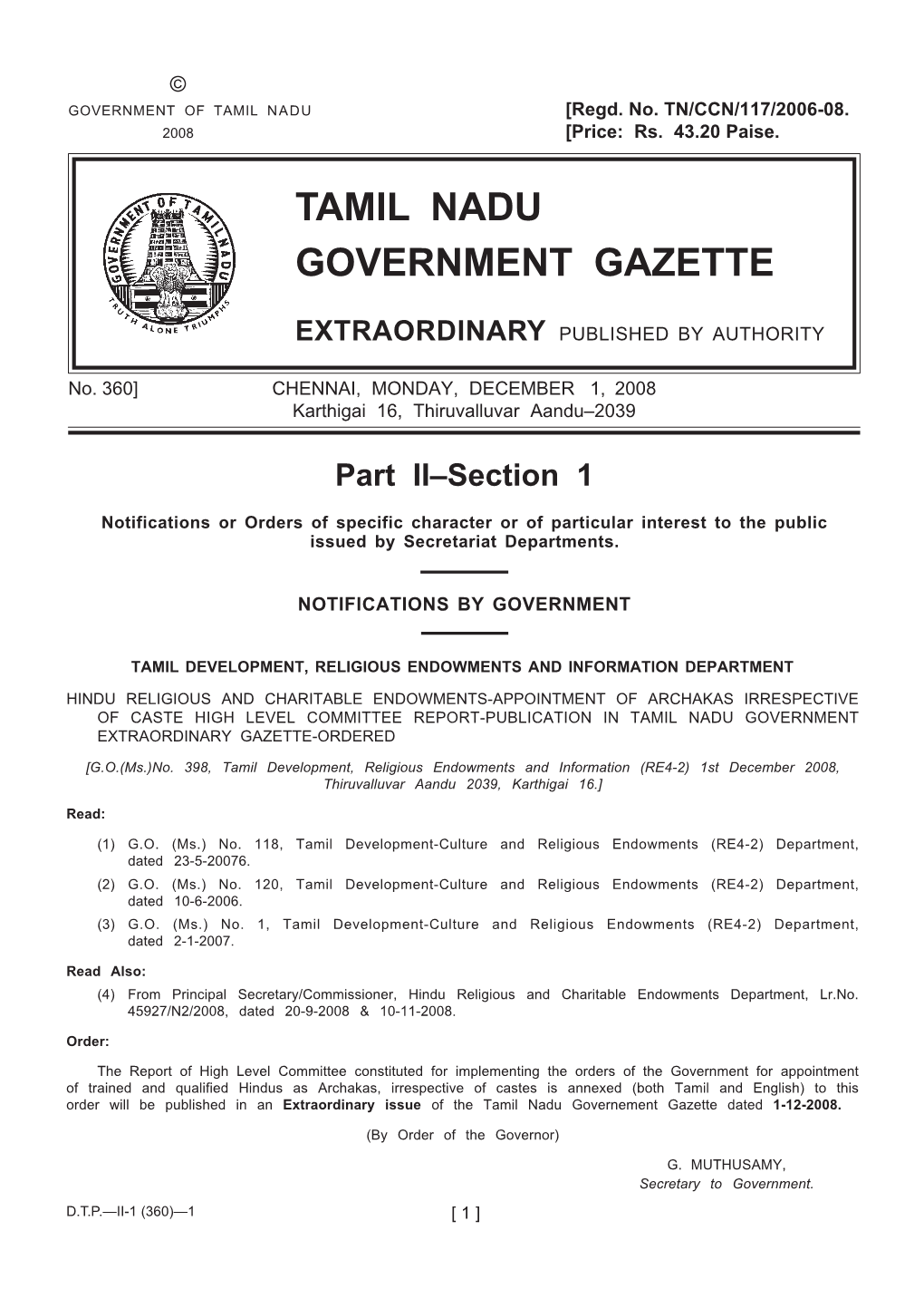 Tamil Nadu Government Gazette Extraordinary