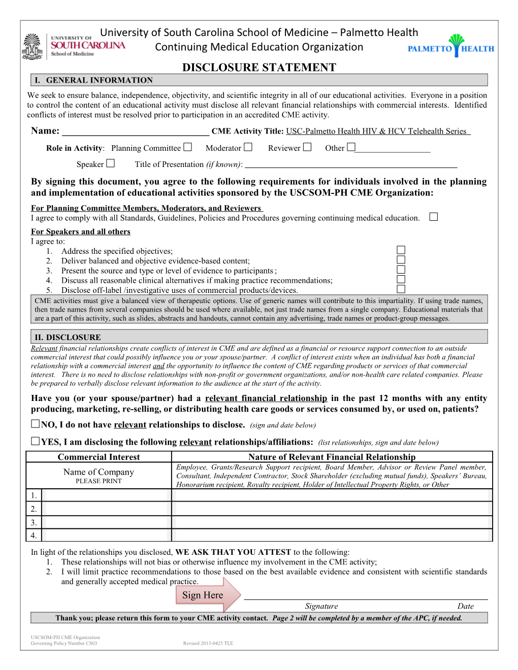 USCSOM-PHR Continuing Medical Education Organization DISCLOSURE FORM