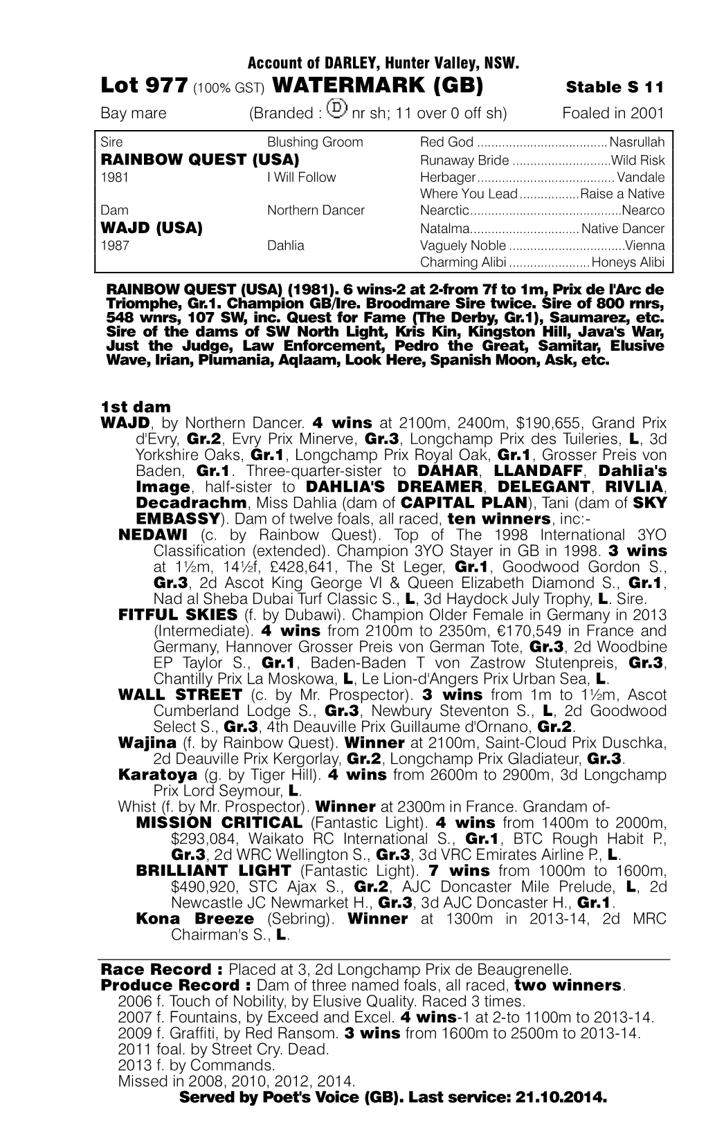 Lot 977 (100% GST) WATERMARK (GB) Stable S 11 Bay Mare (Branded : Nr Sh; 11 Over 0 Off Sh) Foaled in 2001