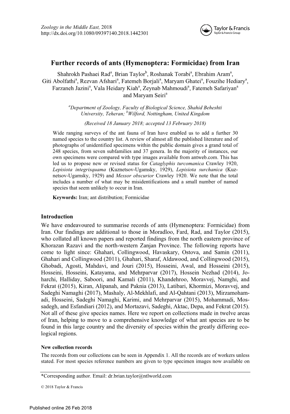 Further Records of Ants (Hymenoptera: Formicidae) from Iran