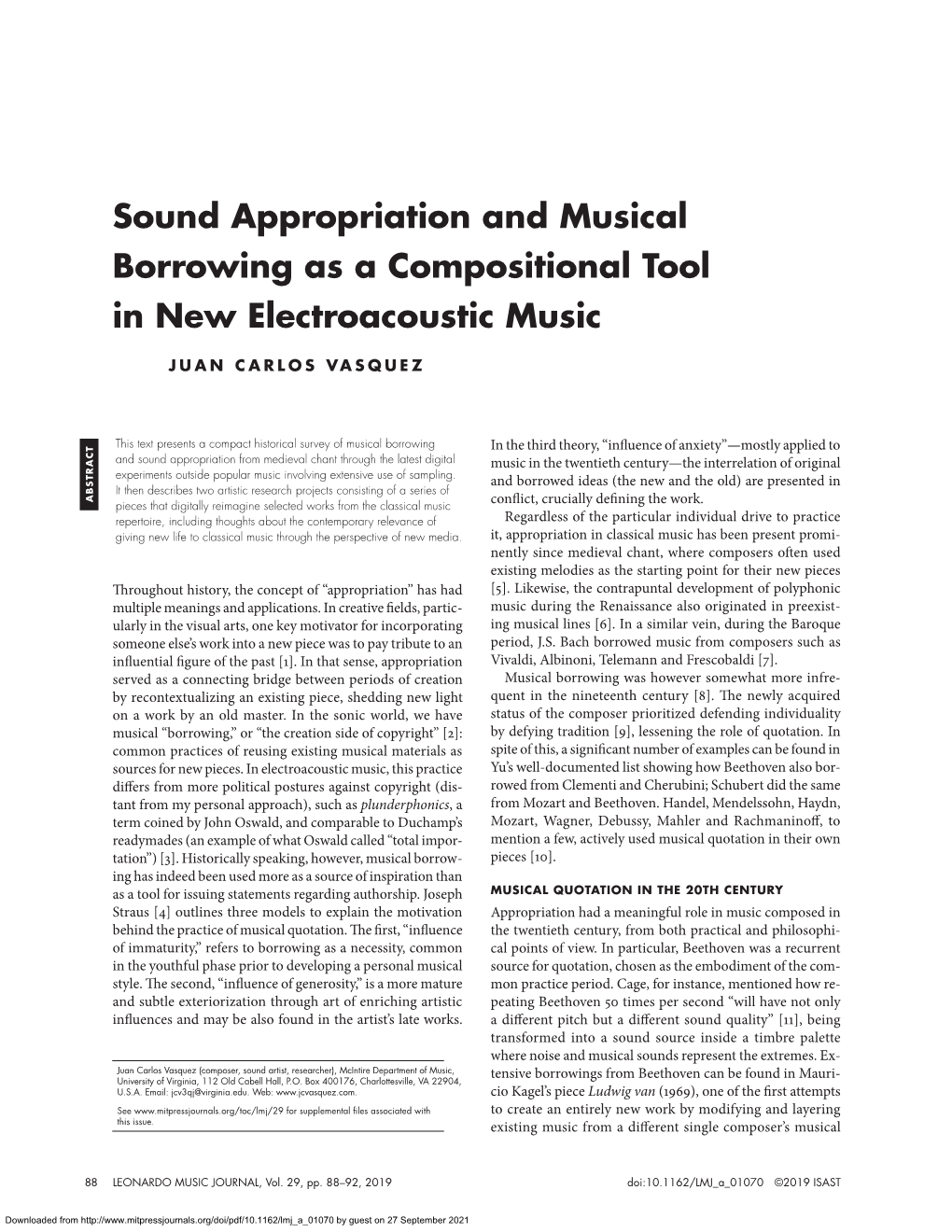 Sound Appropriation and Musical Borrowing As a Compositional Tool in New Electroacoustic Music 89