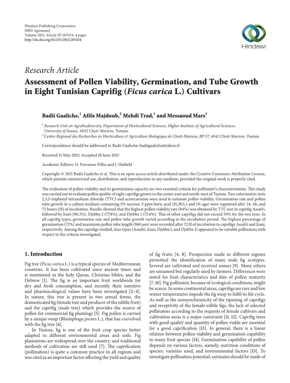 Assessment of Pollen Viability, Germination, and Tube Growth in Eight Tunisian Caprifig (Ficus Carica L.) Cultivars