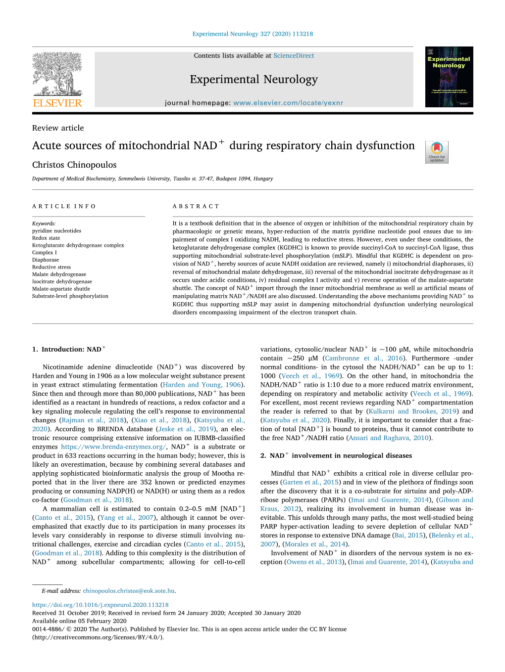 Acute Sources of Mitochondrial NAD+ During Respiratory Chain Dysfunction T Christos Chinopoulos