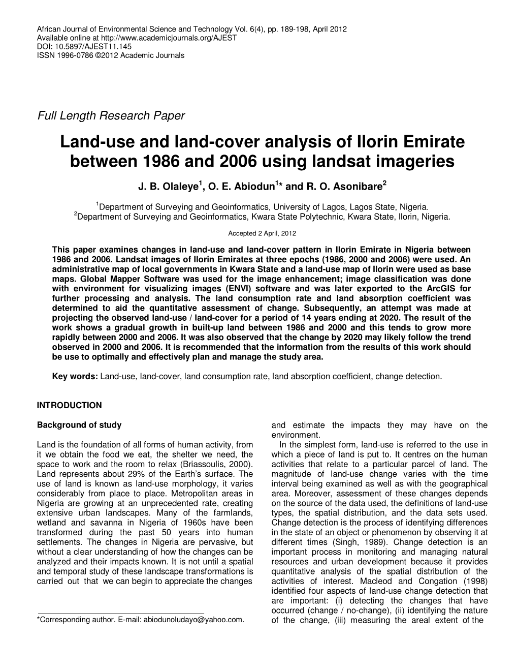 Land-Use and Land-Cover Analysis of Ilorin Emirate Between 1986 and 2006 Using Landsat Imageries