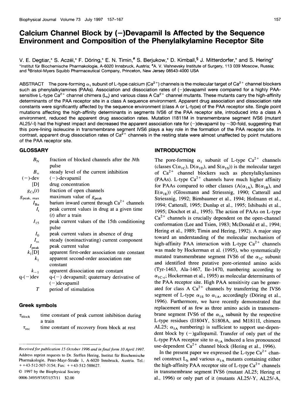 Calcium Channel Block by (-)Devapamil Is Affected by the Sequence Environment and Composition of the Phenylalkylamine Receptor Site