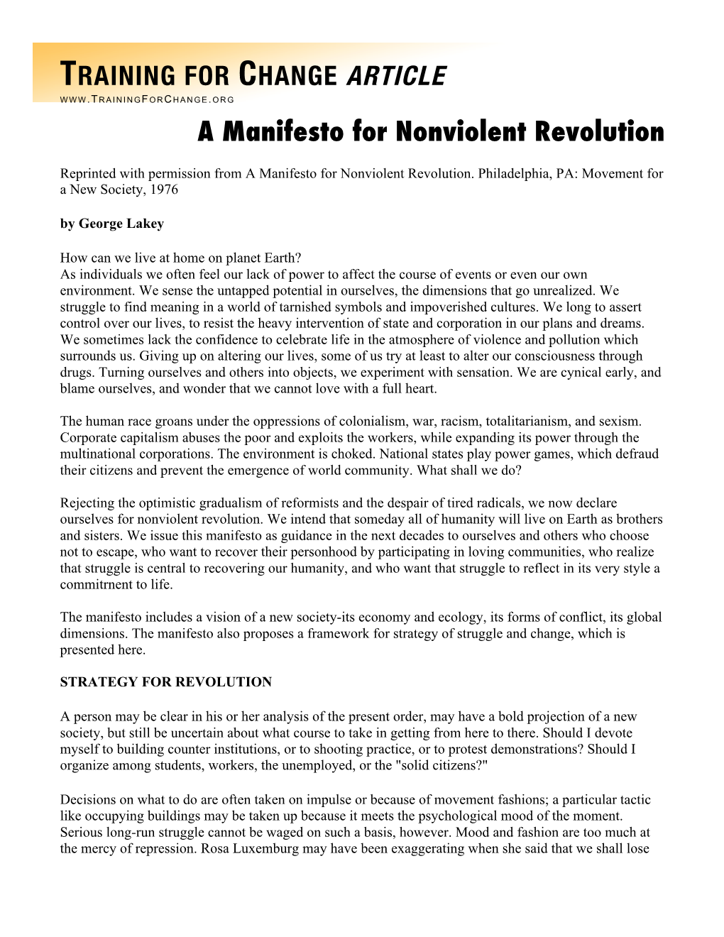 TRAINING for CHANGE ARTICLE a Manifesto for Nonviolent Revolution