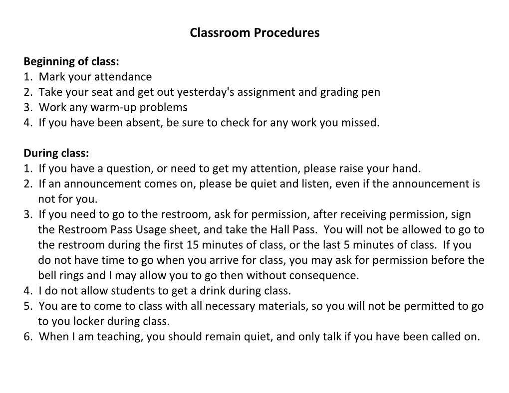 Classroom Procedures