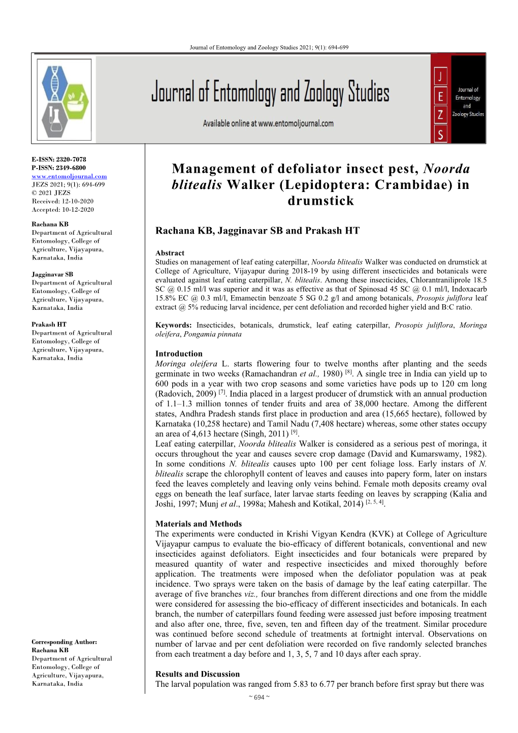 Management of Defoliator Insect Pest, Noorda Blitealis Walker