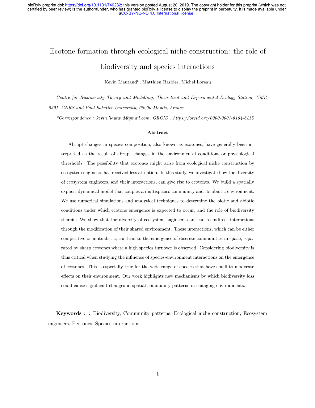 Ecotone Formation Through Ecological Niche Construction: the Role Of