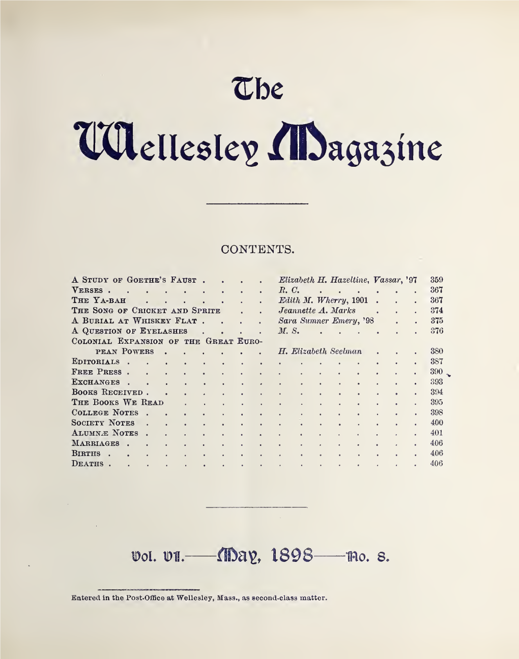 Wellesley Magazine, and for Tickets, Information, Time-Tables, Etc