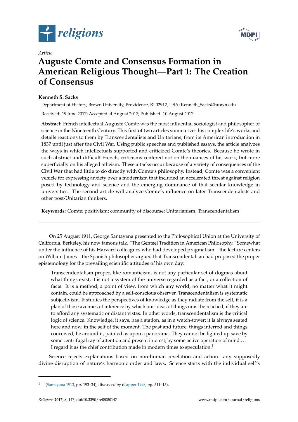 Auguste Comte and Consensus Formation in American Religious Thought—Part 1: the Creation of Consensus