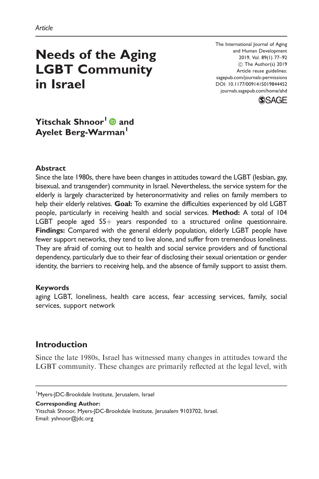 Needs of the Aging LGBT Community in Israel