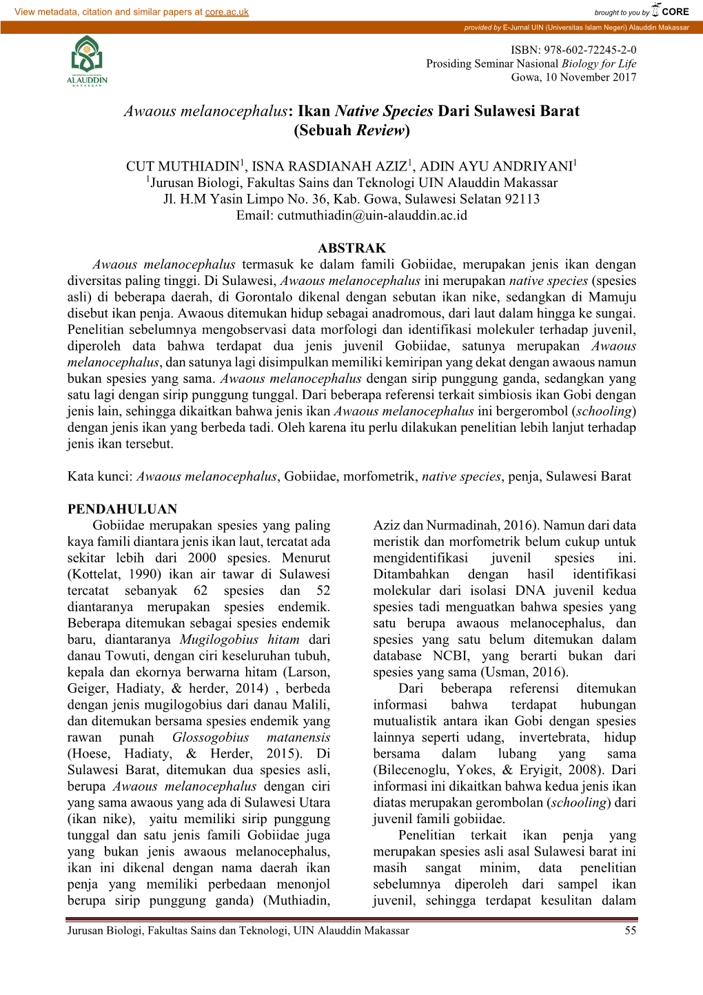 Awaous Melanocephalus: Ikan Native Species Dari Sulawesi Barat (Sebuah Review)