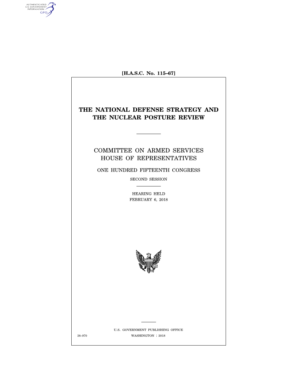 The National Defense Strategy and the Nuclear Posture Review Committee on Armed Services House of Representatives