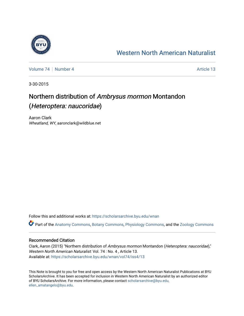Northern Distribution of Ambrysus Mormon Montandon (Heteroptera: Naucoridae)