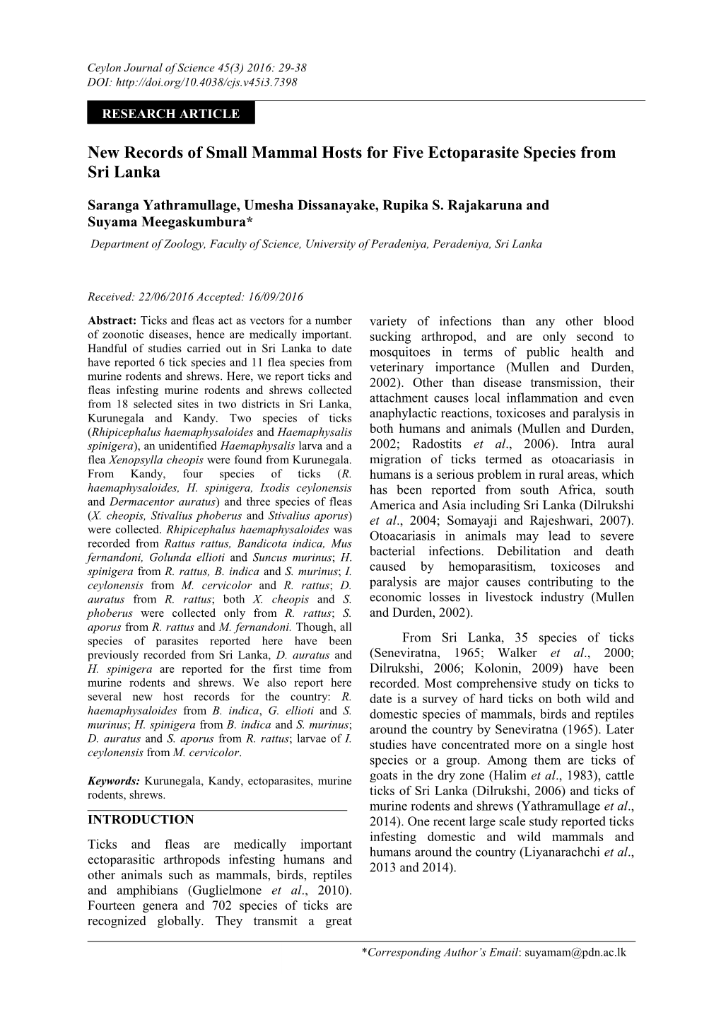 New Records of Small Mammal Hosts for Five Ectoparasite Species from Sri Lanka