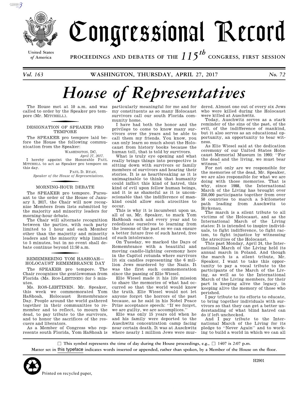 Congressional Record United States Th of America PROCEEDINGS and DEBATES of the 115 CONGRESS, FIRST SESSION