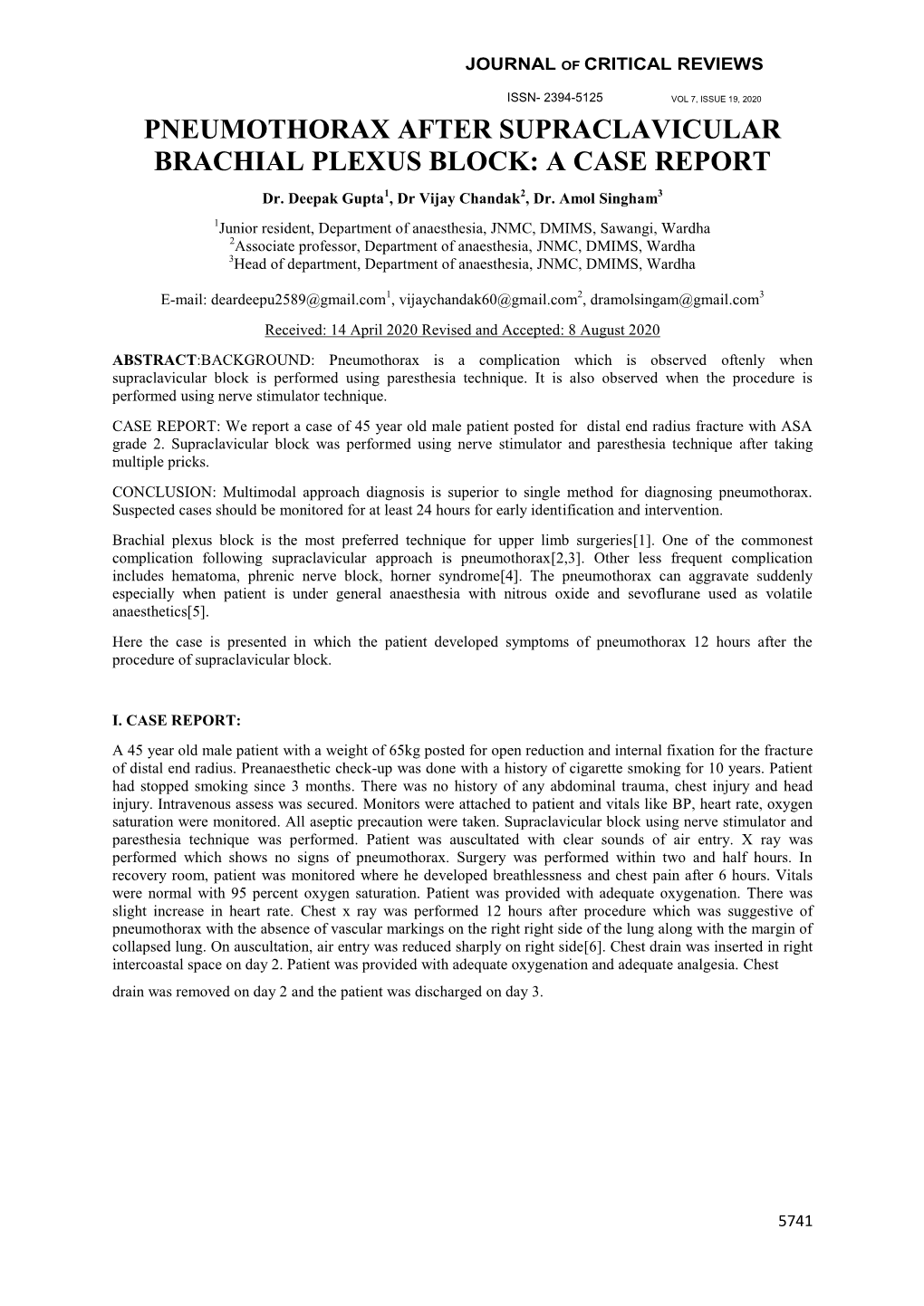 PNEUMOTHORAX AFTER SUPRACLAVICULAR BRACHIAL PLEXUS BLOCK: a CASE REPORT Dr