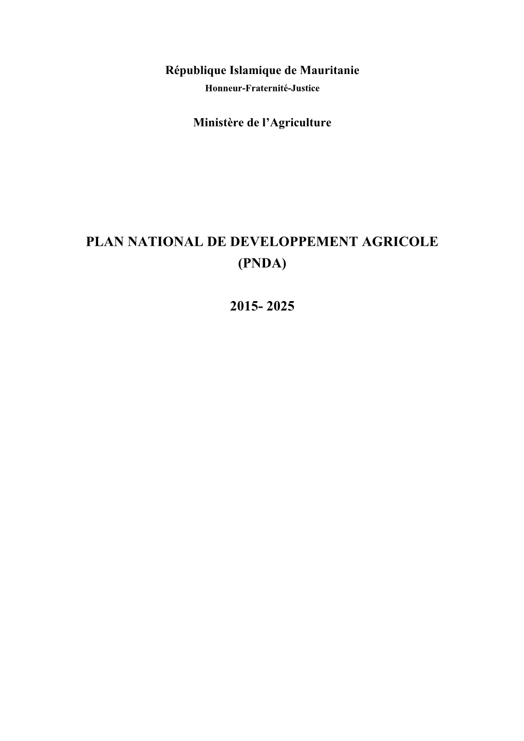 Plan National De Developpement Agricole (Pnda)