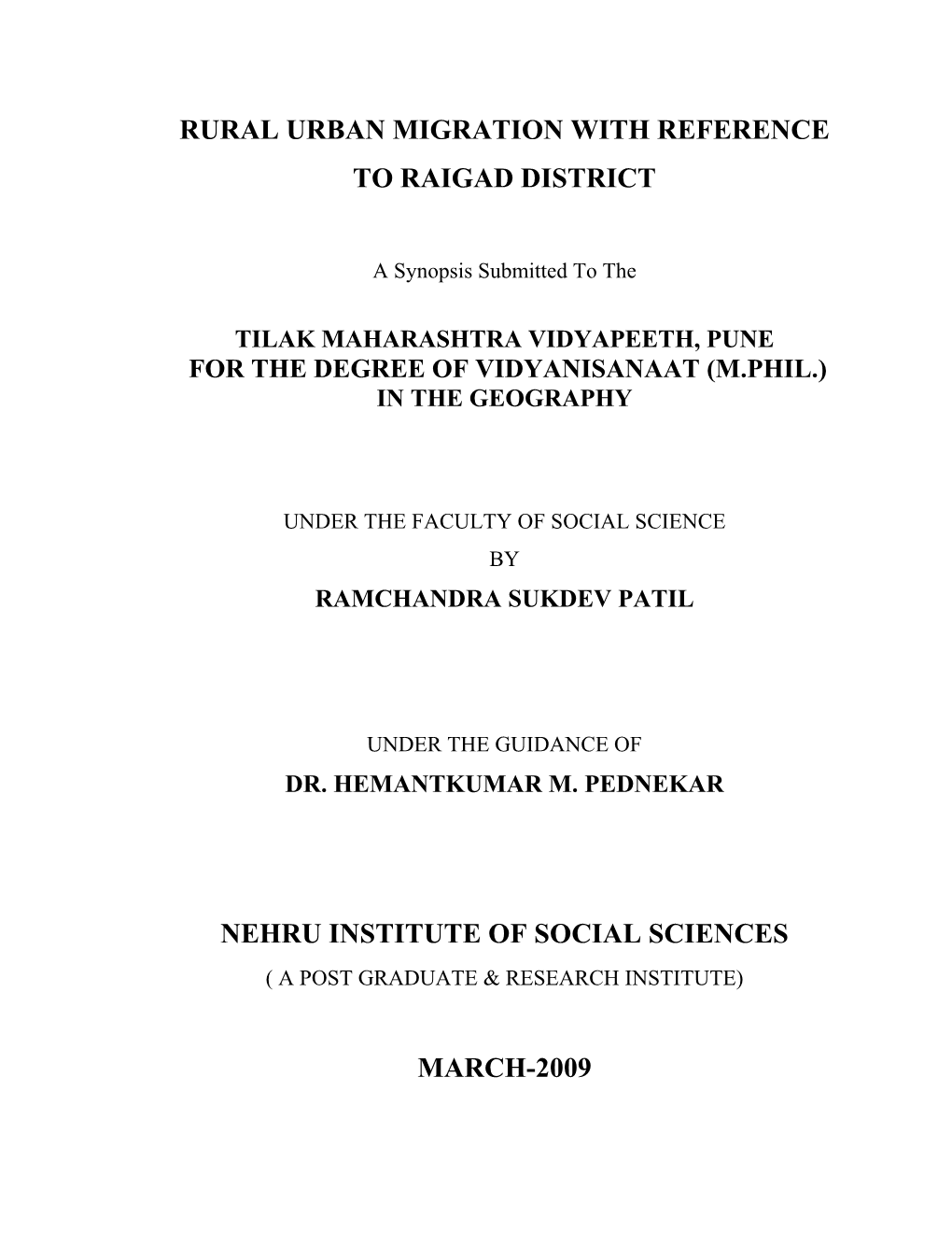 Rural Urban Migration with Reference to Raigad District