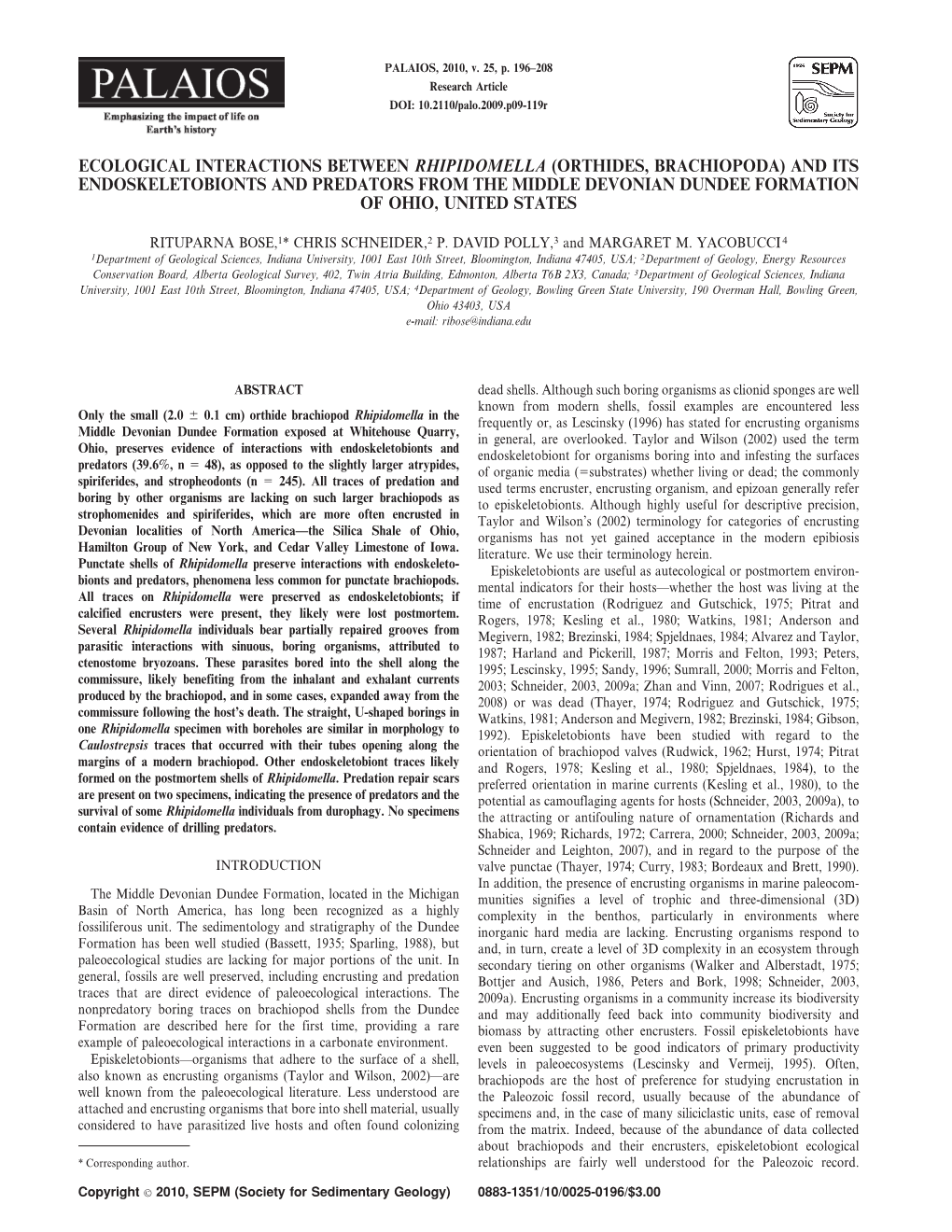 Orthides, Brachiopoda) and Its Endoskeletobionts and Predators from the Middle Devonian Dundee Formation of Ohio, United States