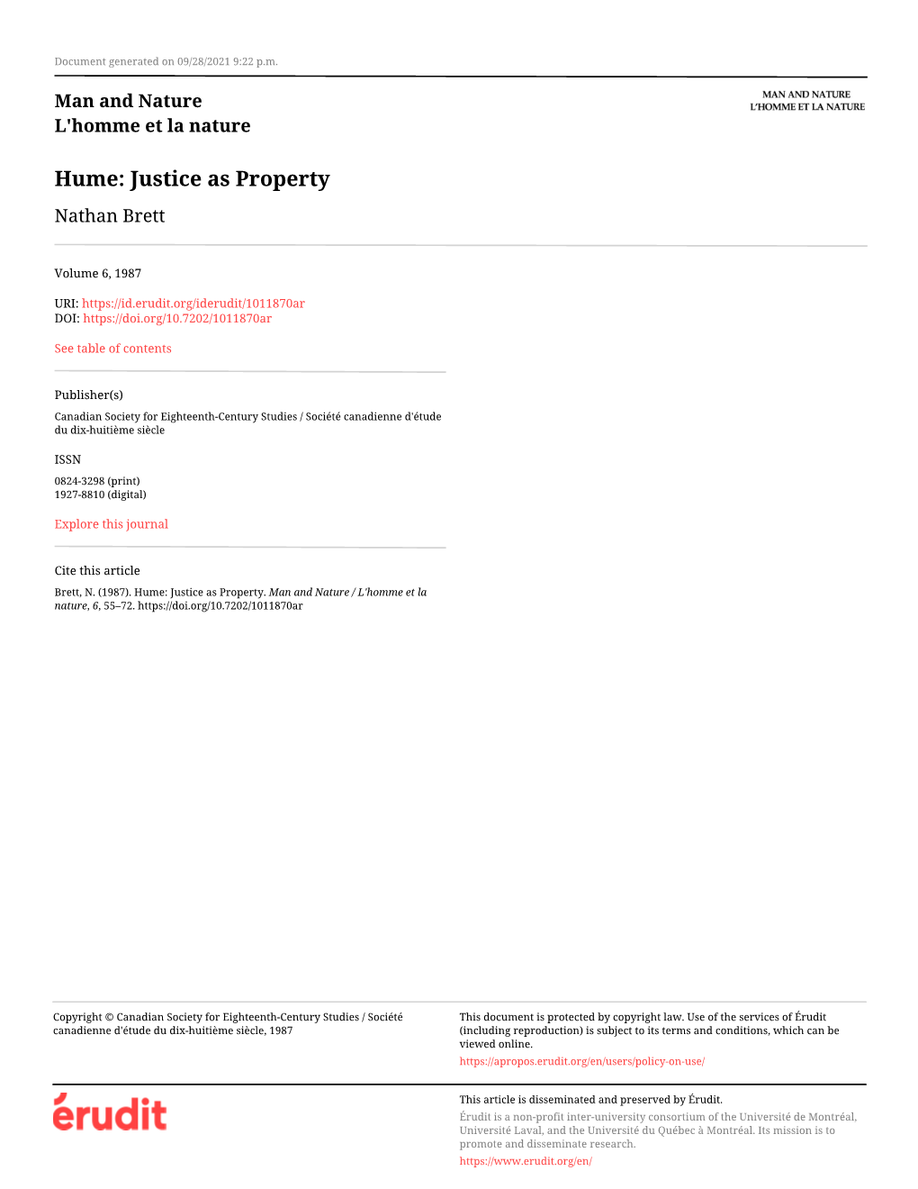 Hume: Justice As Property Nathan Brett