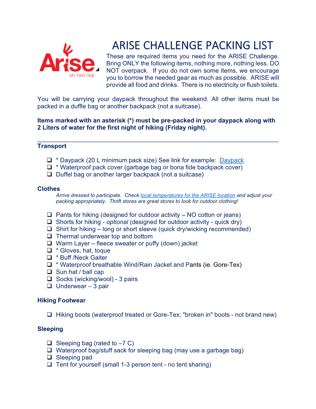 ARISE CHALLENGE PACKING LIST These Are Required Items You Need for the ARISE Challenge