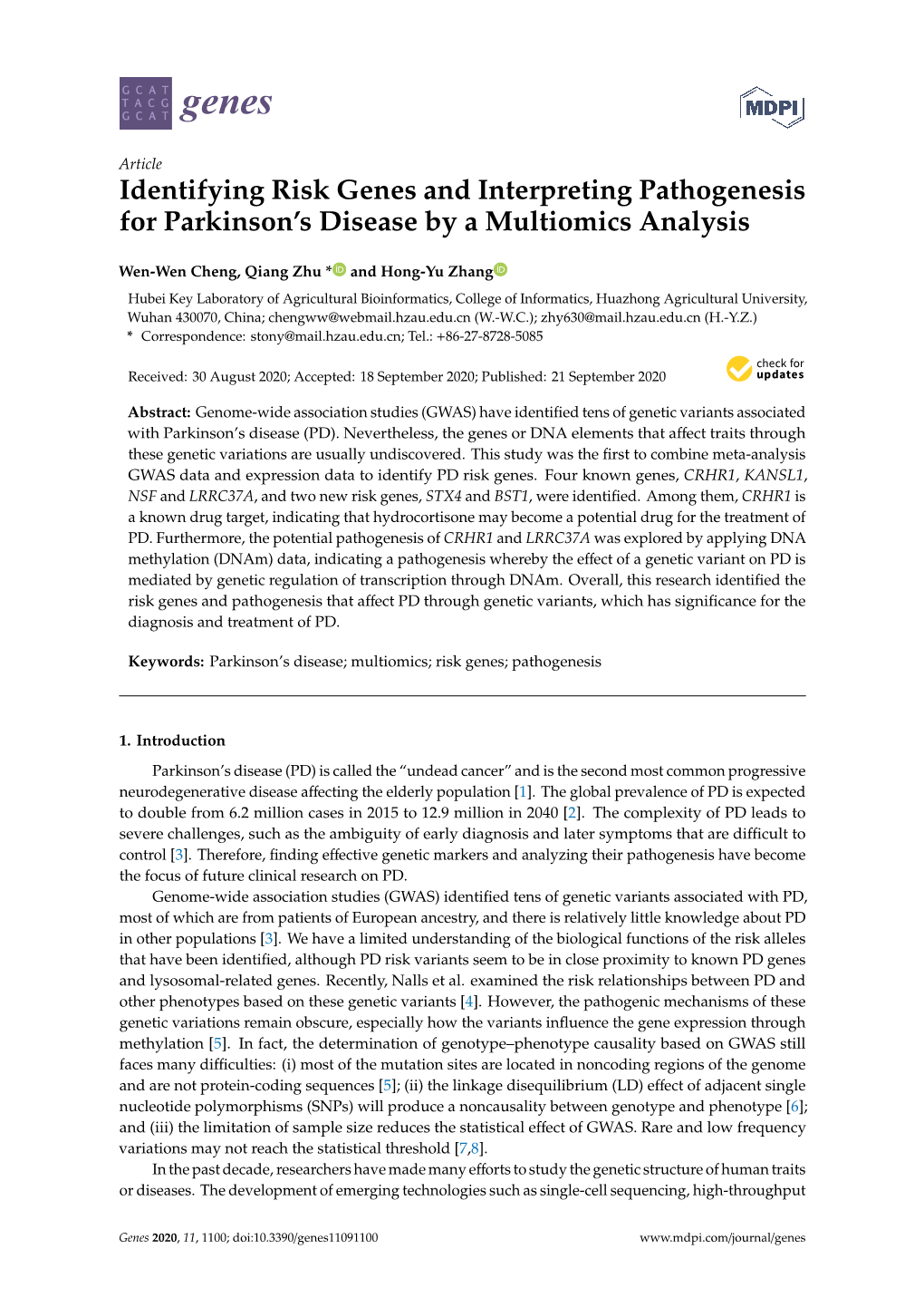 Identifying Risk Genes and Interpreting Pathogenesis for Parkinson's Disease by a Multiomics Analysis